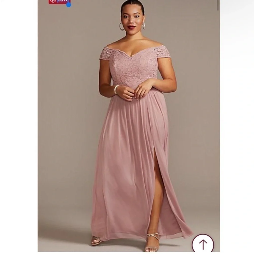 David’s Bridal Off the Shoulder Lace & Mesh Maxi The Beloved Dress